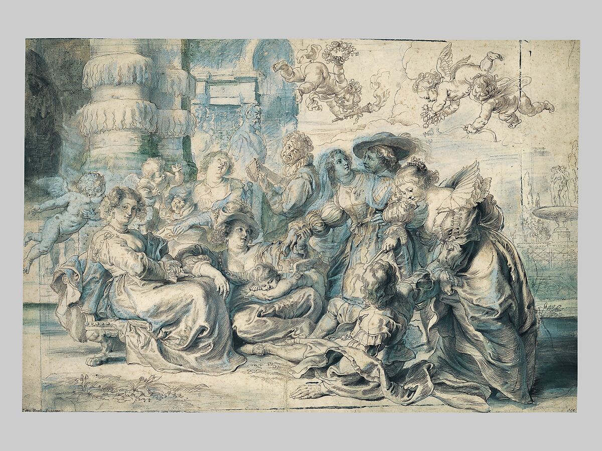 The Garden of Love (right portion), Peter Paul Rubens (Flemish, Siegen 1577–1640 Antwerp), Pen and brown ink, brush and brown and green wash, heightened with light blue gouache, over black chalk