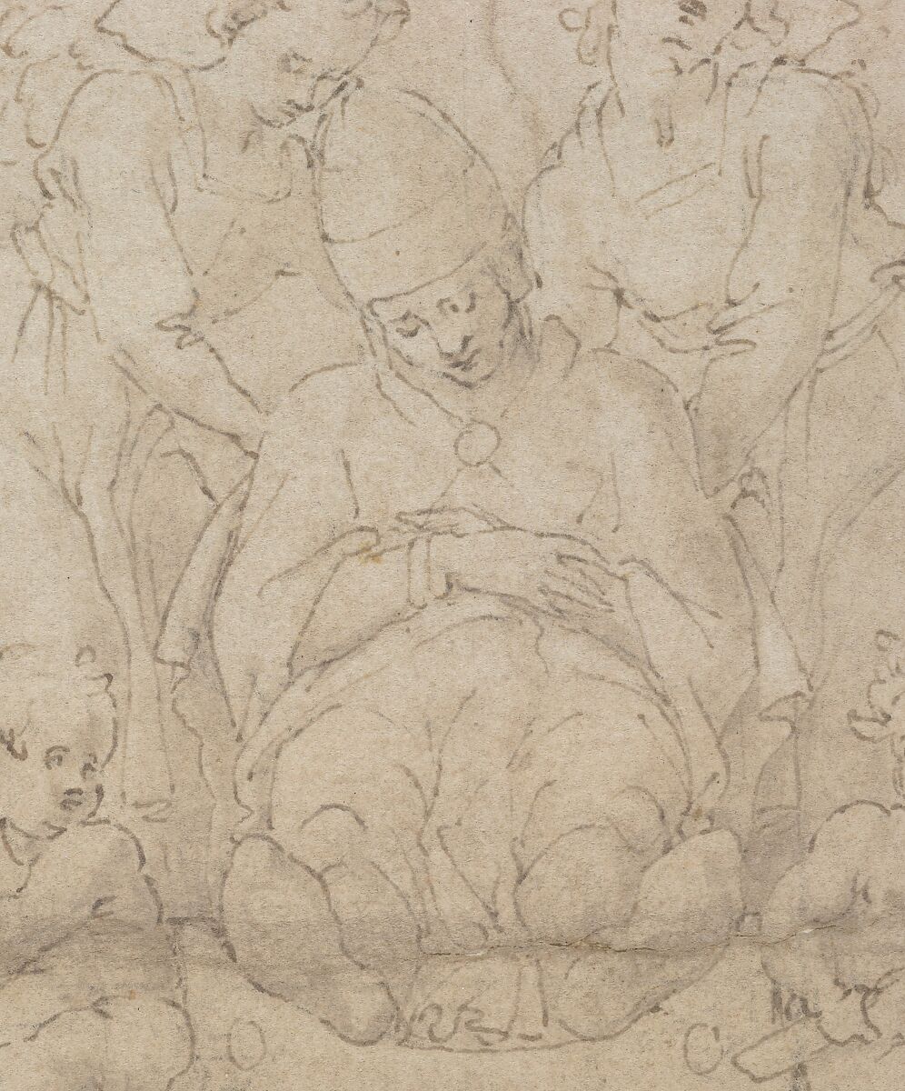Design for the Tomb of Pope Julius II della Rovere, Michelangelo Buonarroti (Italian, Caprese 1475–1564 Rome), Pen and brown ink, brush and brown wash, over stylus ruling and leadpoint