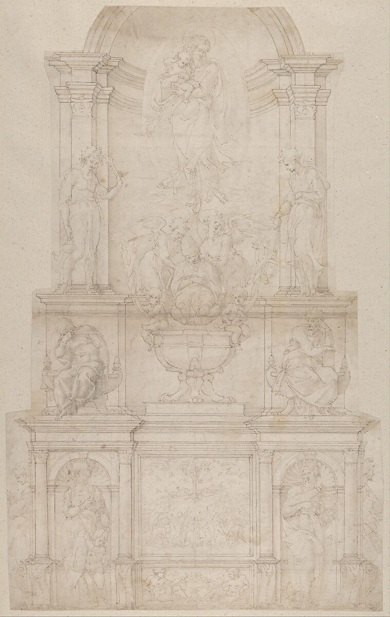 Design for the Tomb of Pope Julius II della Rovere, Michelangelo Buonarroti (Italian, Caprese 1475–1564 Rome), Pen and brown ink, brush and brown wash, over stylus ruling and leadpoint 