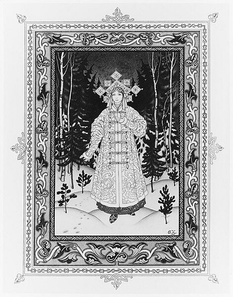 Illustration for "Snegurochka" [Snegurochka in the forest], Boris Zvorykin (Russian, Moscow 1872–1942 Paris), Gouache, metallic inks, and black ink, heightened with white, over graphite