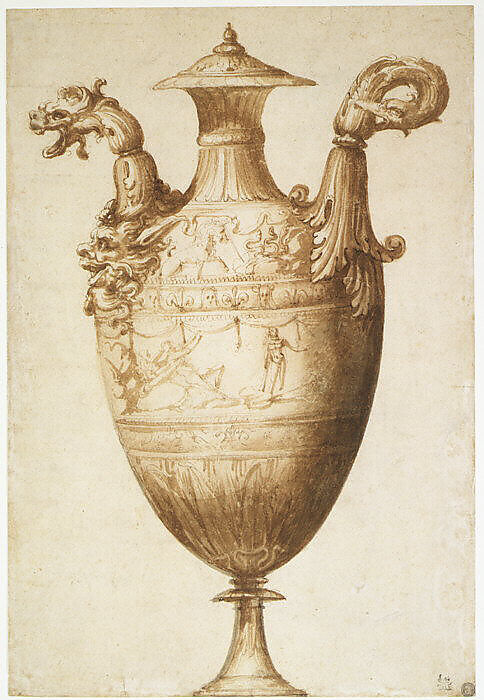 Design for a Vase with Hercules and Farnese Lilies, Francesco Salviati (Francesco de' Rossi) (Italian, Florence 1510–1563 Rome), Pen and brown ink, brush and brown wash
