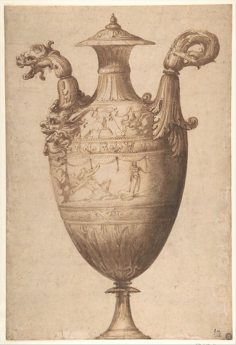 Design for a Vase with Hercules and Farnese Lilies, Francesco Salviati (Francesco de&#39; Rossi) (Italian, Florence 1510–1563 Rome), Pen and brown ink, brush and brown wash 