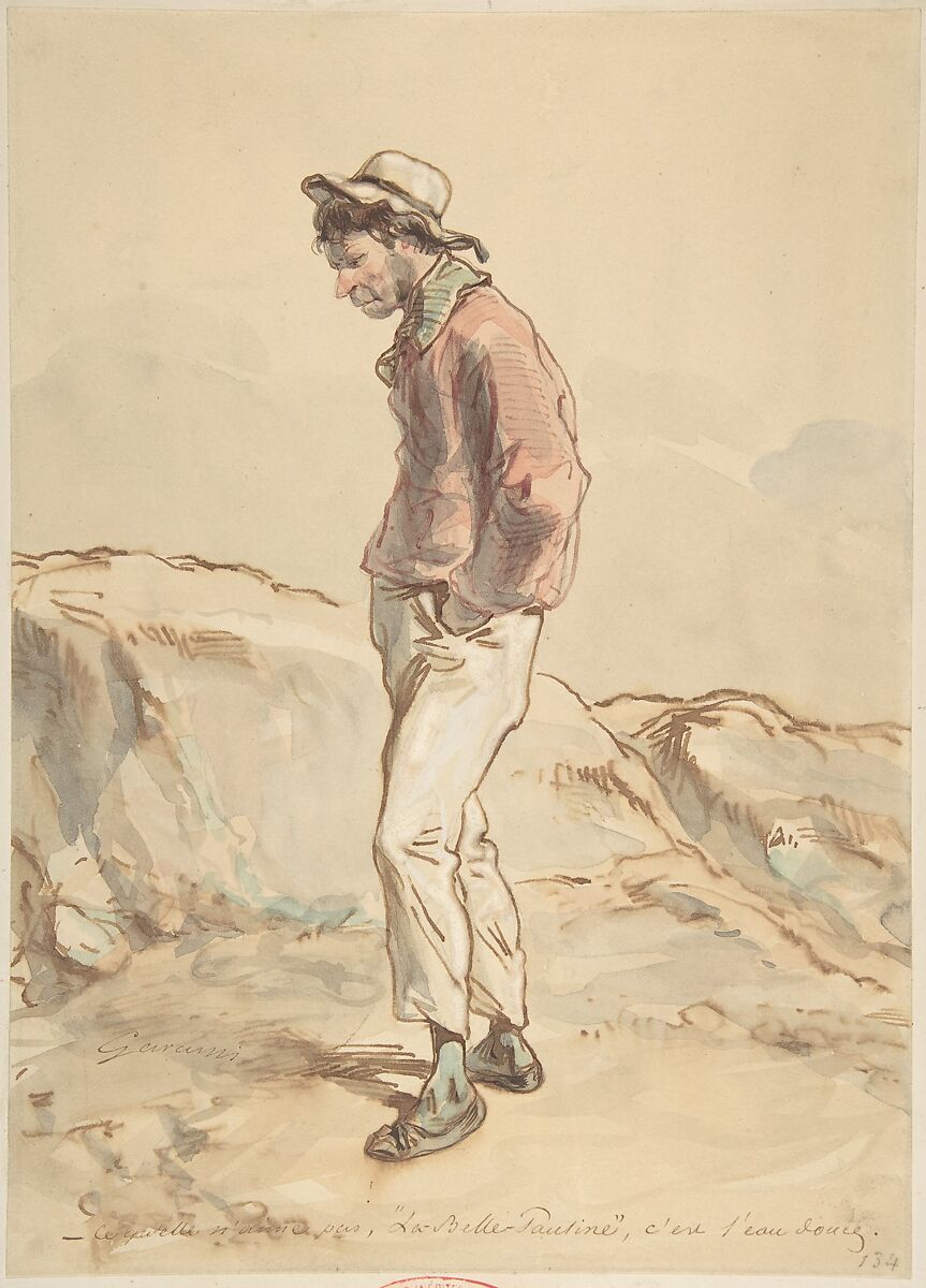A Sailor Standing on the Shore, Paul Gavarni [Chevalier] (French, Paris 1804–1866 Paris), Pen and brown ink with wash and watercolor, heightened with white on cream wove paper, laid on card 