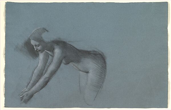 Study of Female Nude Bending on Hands and Knees, Adolph Hirémy-Hirschl (Hungarian, Temesvar 1860–1933 Rome (or Vienna?)), Black and white chalk on blue laid paper 