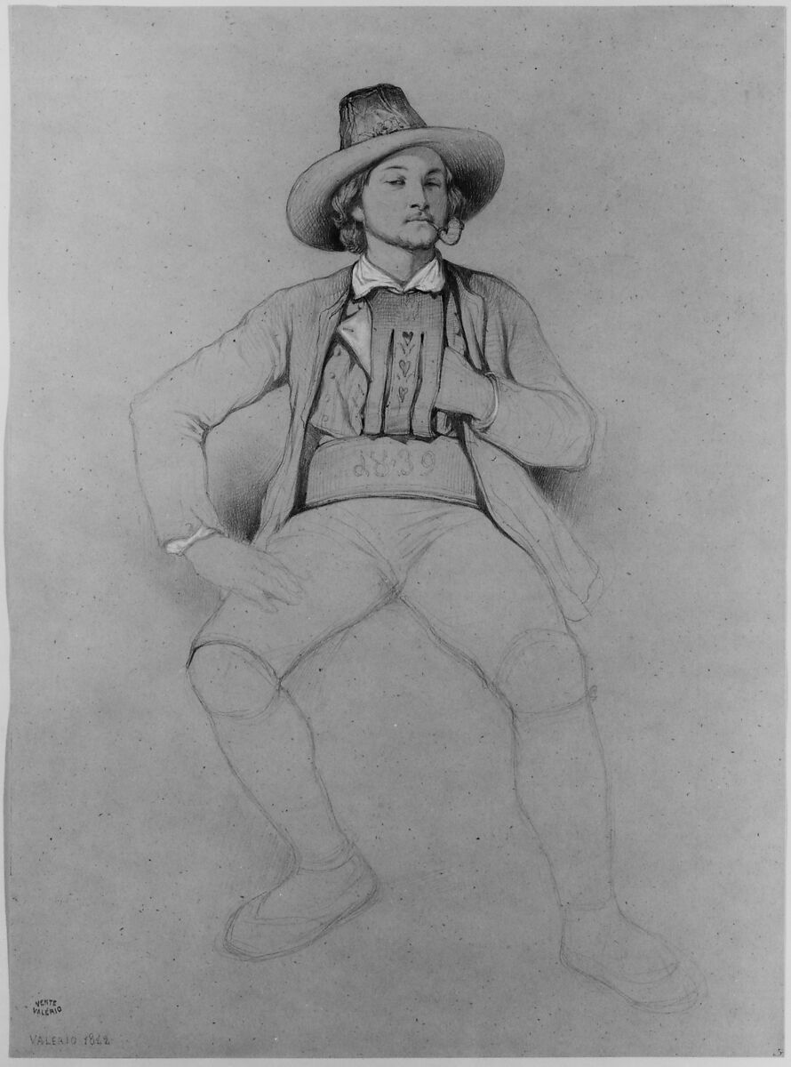 A Man in Tyrolean Costume, Seated, Smoking a Pipe, Théodore Valerio (French, Herserange 1819–1879 Vichy), Graphite, heightened with touches of watercolor, and white on beige, textured, wove paper