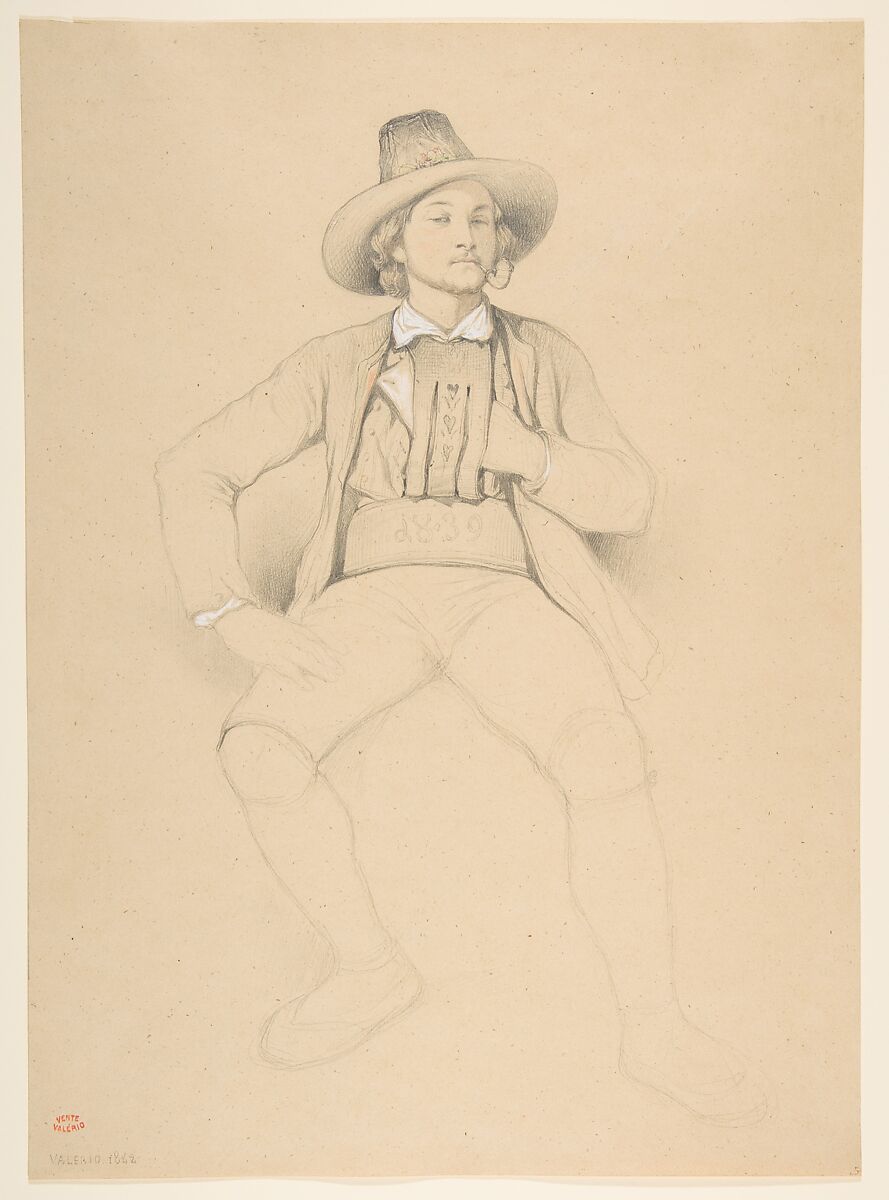 A Man in Tyrolean Costume, Seated, Smoking a Pipe, Théodore Valerio (French, Herserange 1819–1879 Vichy), Graphite, heightened with touches of watercolor, and white on beige, textured, wove paper 