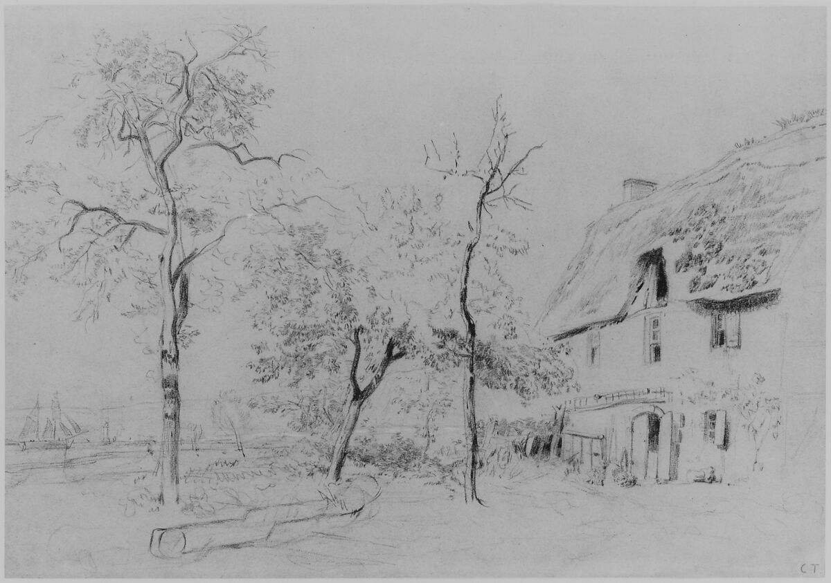 A Farmhouse with a Thatched Roof and Trees Beside a River, Constant Troyon (French, Sèvres 1810–1865 Paris), Black chalk with touches of white, on blue paper