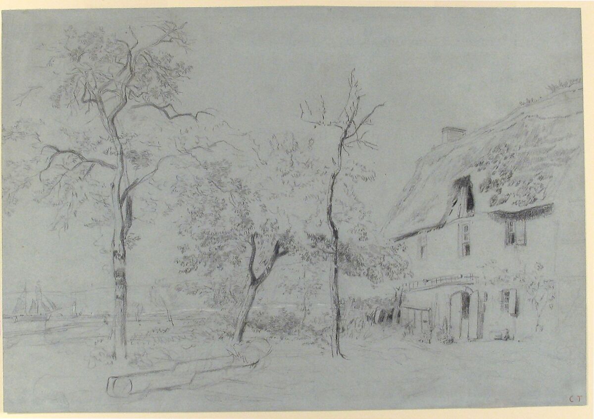 A Farmhouse with a Thatched Roof and Trees Beside a River, Constant Troyon (French, Sèvres 1810–1865 Paris), Black chalk with touches of white, on blue paper