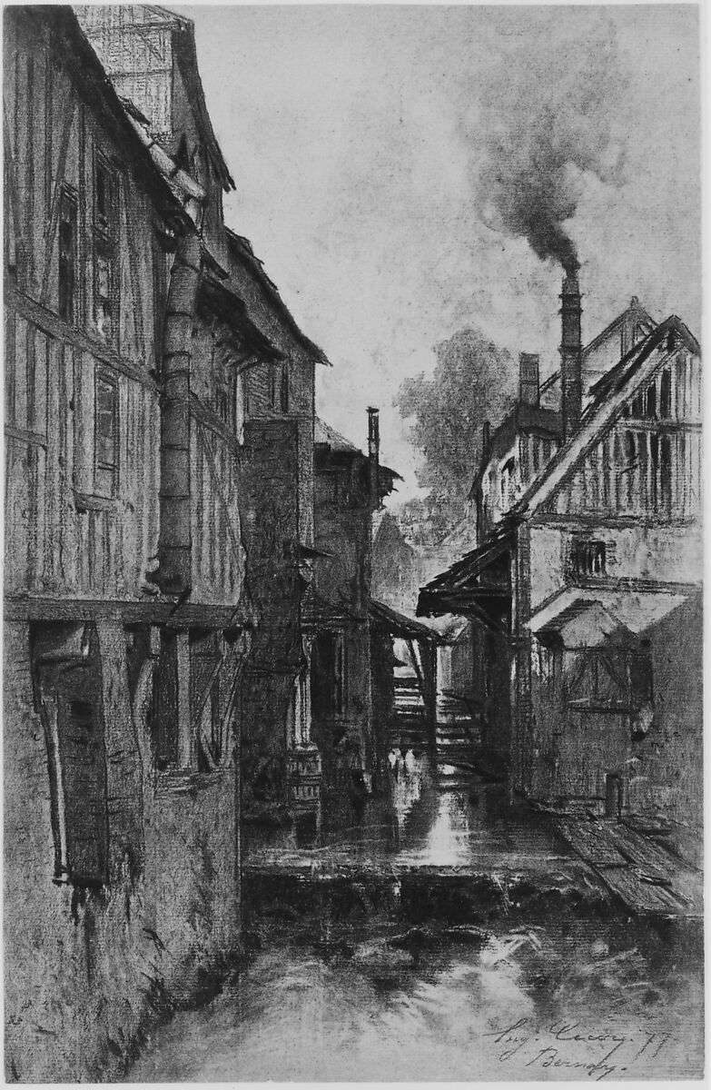 Half-Timbered Houses along a Waterway, After Eugène Cicéri (French, Paris 1813–1890 Fontainebleau), Photomechanical reproduction of a drawing in charcoal (stumped)