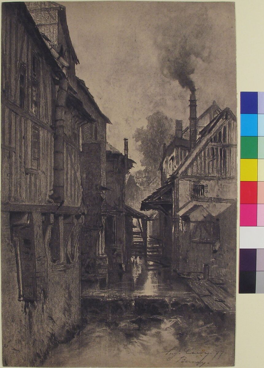 Half-Timbered Houses along a Waterway, After Eugène Cicéri (French, Paris 1813–1890 Fontainebleau), Photomechanical reproduction of a drawing in charcoal (stumped) 