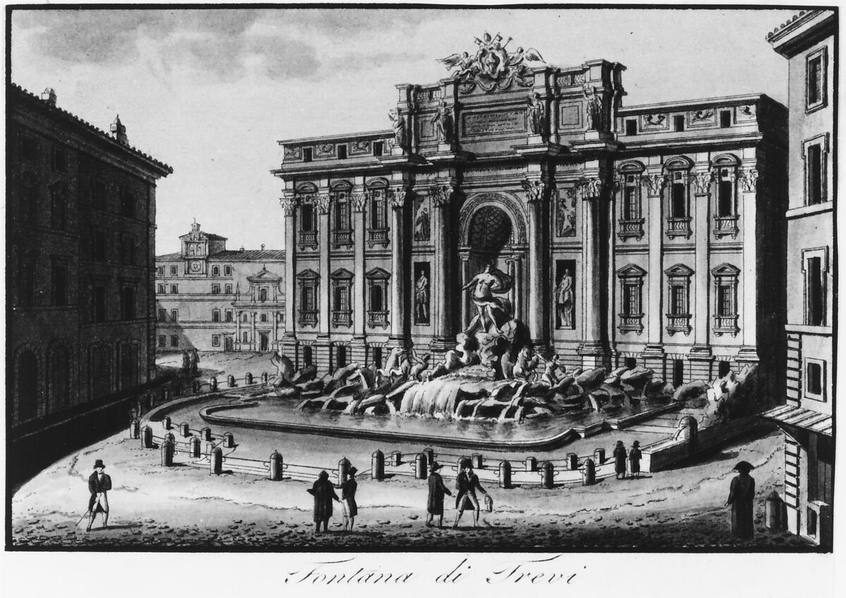 The Trevi Fountain, Rome, Giovanni Battista Cipriani (Italian, Siena 1766–1839 Rome), Drawing in pen and ink and gray wash