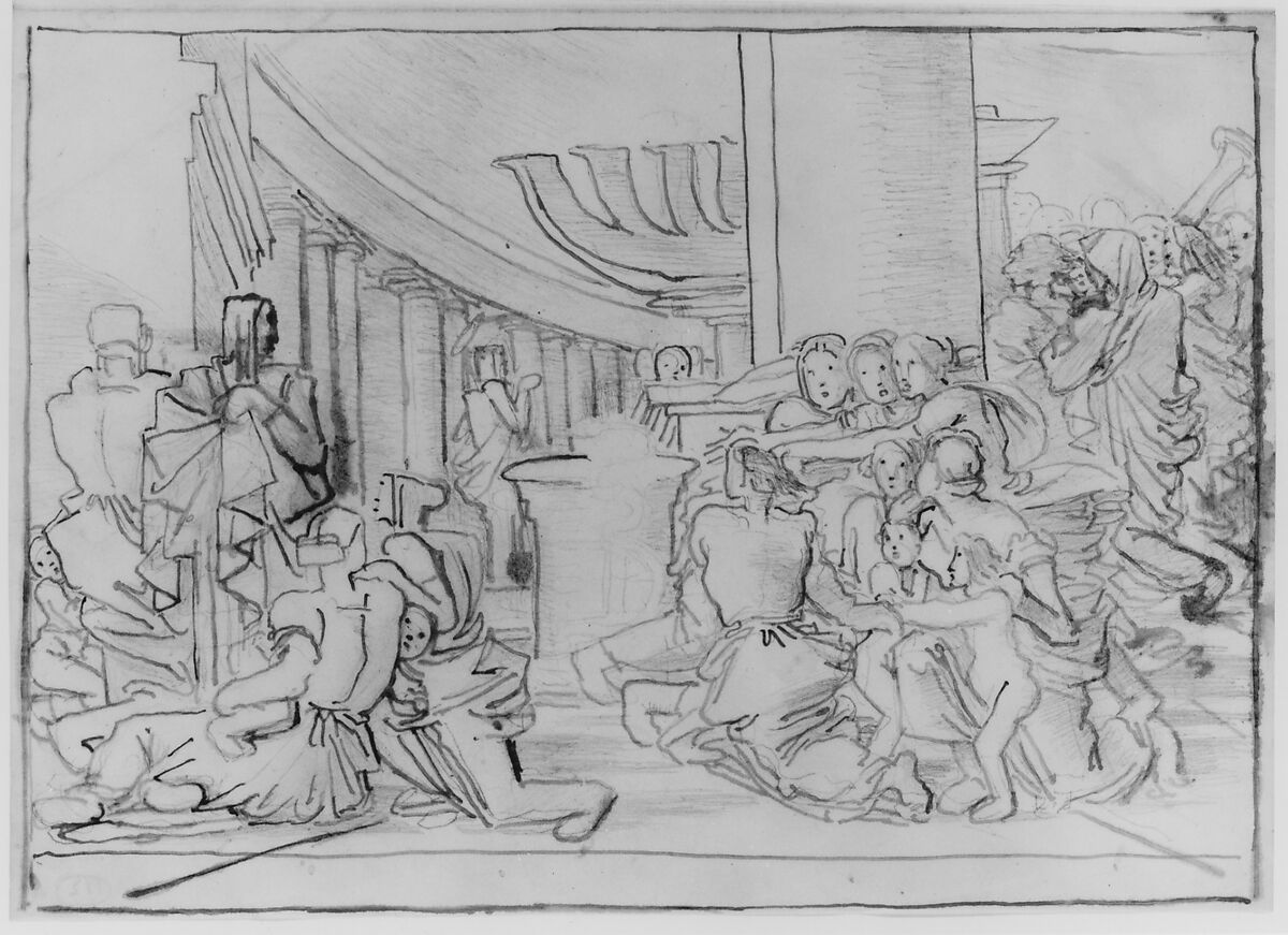 Congregation in a Temple, Fortunato Duranti (Italian, 1787–1863), Pen and brown ink with graphite on thin paper