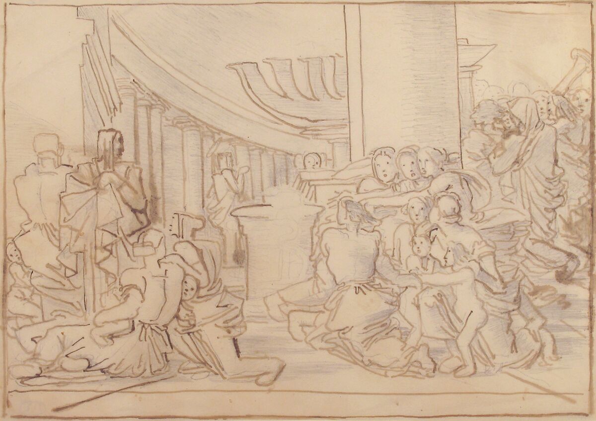 Congregation in a Temple, Fortunato Duranti (Italian, 1787–1863), Pen and brown ink with graphite on thin paper