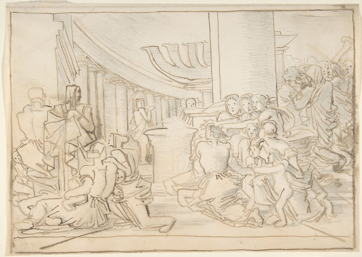 Congregation in a Temple, Fortunato Duranti (Italian, 1787–1863), Pen and brown ink with graphite on thin paper 