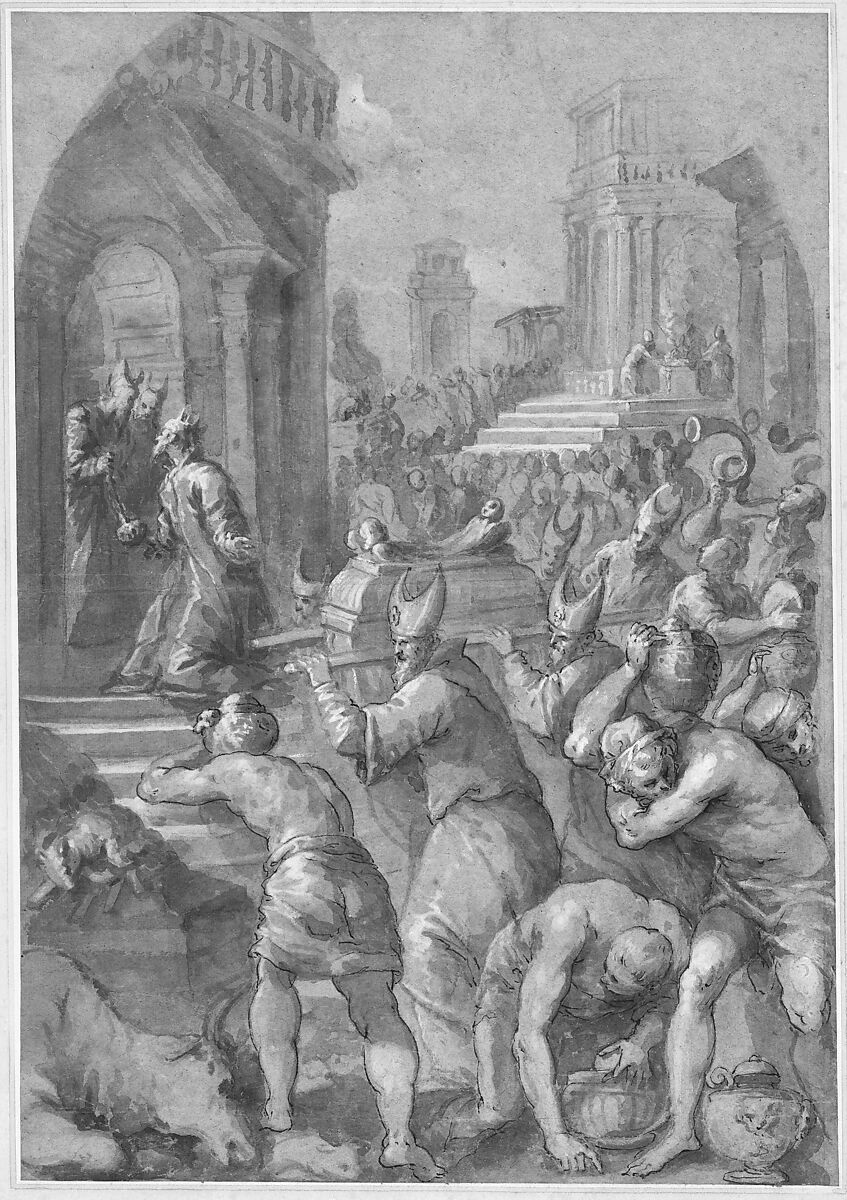 King Solomon Beholds the Ark of the Covenant Being Brought to the Temple, Andrea Vicentino (Andrea Michieli) (Italian, Venice 1542–1618 Venice), Pen and brown ink, brush and brown wash, highlighted with white gouache, over traces of black chalk, on blue paper
