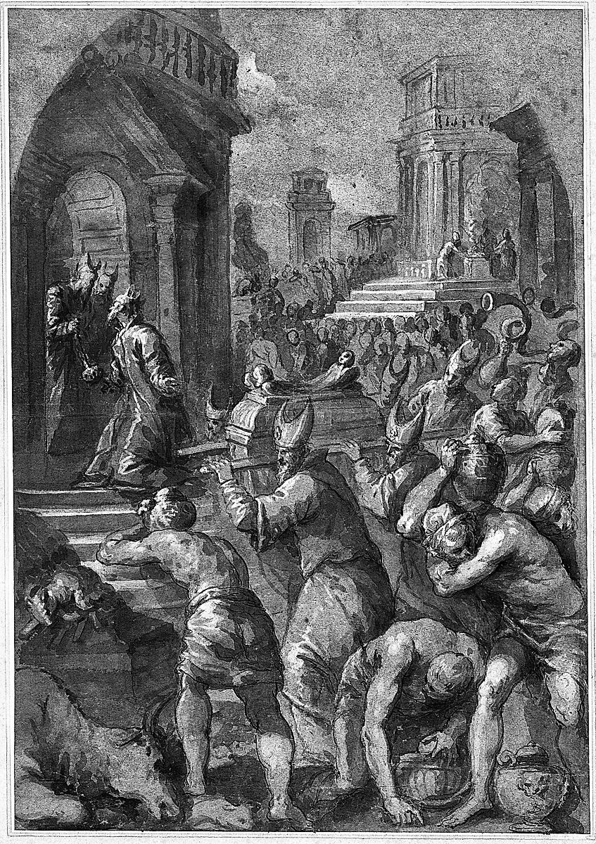 King Solomon Beholds the Ark of the Covenant Being Brought to the Temple, Andrea Vicentino (Andrea Michieli) (Italian, Venice 1542–1618 Venice), Pen and brown ink, brush and brown wash, highlighted with white gouache, over traces of black chalk, on blue paper