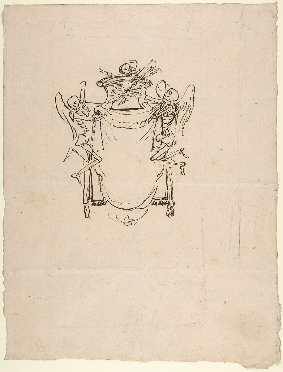 Sketches for a Wall Tomb with Skeletons, Gian Lorenzo Bernini (Italian, Naples 1598–1680 Rome), Pen and brown ink over traces of black chalk (recto); black chalk (verso) 