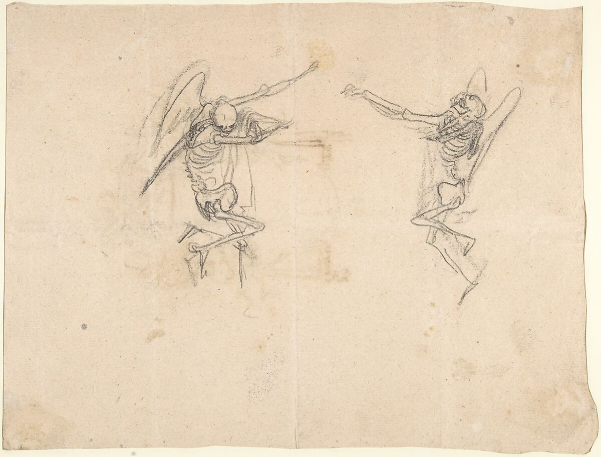 Sketches for a Wall Tomb with Skeletons, Gian Lorenzo Bernini (Italian, Naples 1598–1680 Rome), Pen and brown ink over black chalk (recto); black chalk (verso)