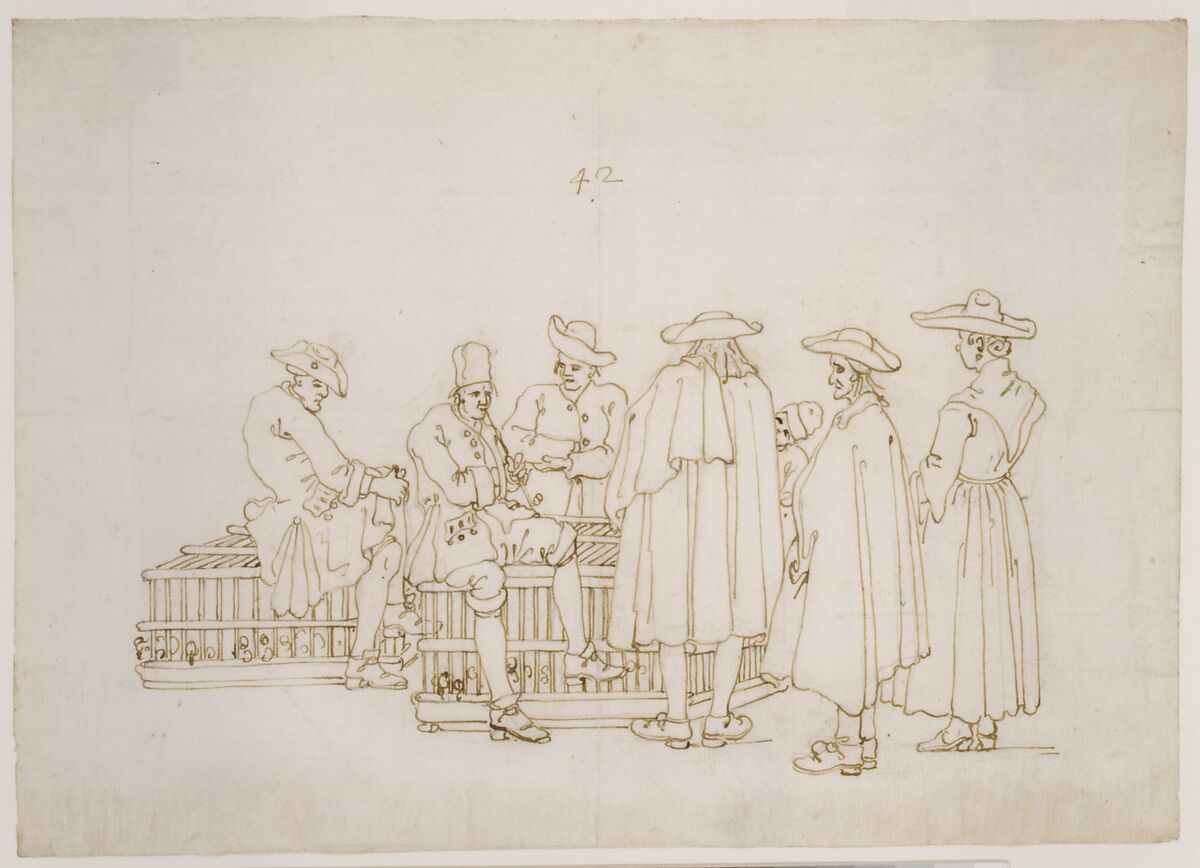 A Group of Figures Surrounding Two Bird-coops, Bernardo Bellotto (Italian, Venice 1722–1780 Warsaw), Pen and brown ink over lead or graphite underdrawing