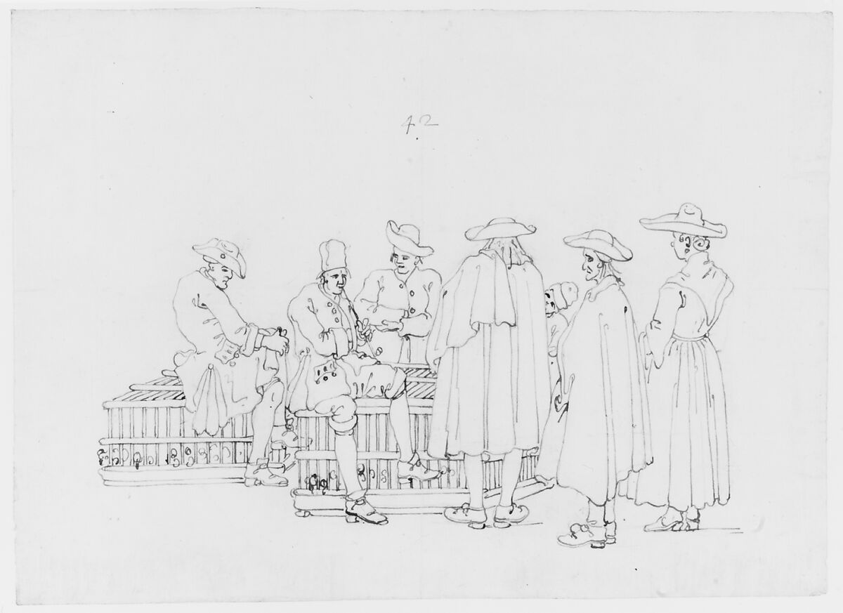 A Group of Figures Surrounding Two Bird-coops, Bernardo Bellotto (Italian, Venice 1722–1780 Warsaw), Pen and brown ink over lead or graphite underdrawing