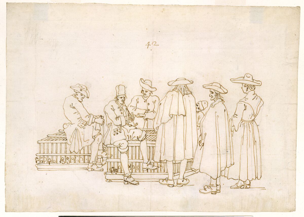 A Group of Figures Surrounding Two Bird-coops, Bernardo Bellotto (Italian, Venice 1722–1780 Warsaw), Pen and brown ink over lead or graphite underdrawing