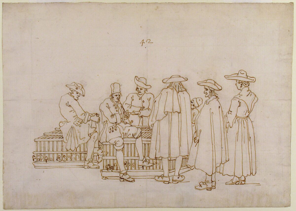 A Group of Figures Surrounding Two Bird-coops, Bernardo Bellotto (Italian, Venice 1722–1780 Warsaw), Pen and brown ink over lead or graphite underdrawing