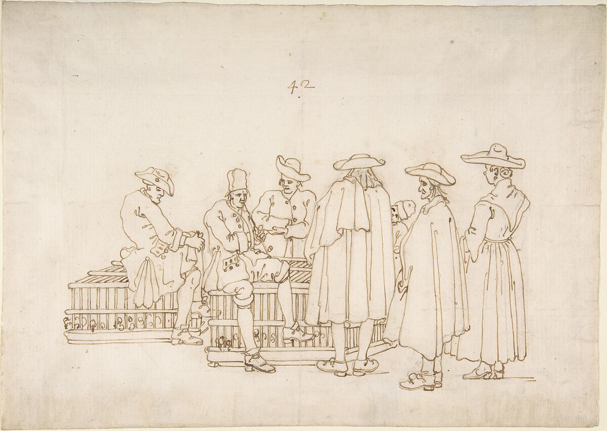 A Group of Figures Surrounding Two Bird-coops, Bernardo Bellotto (Italian, Venice 1722–1780 Warsaw), Pen and brown ink over lead or graphite underdrawing 