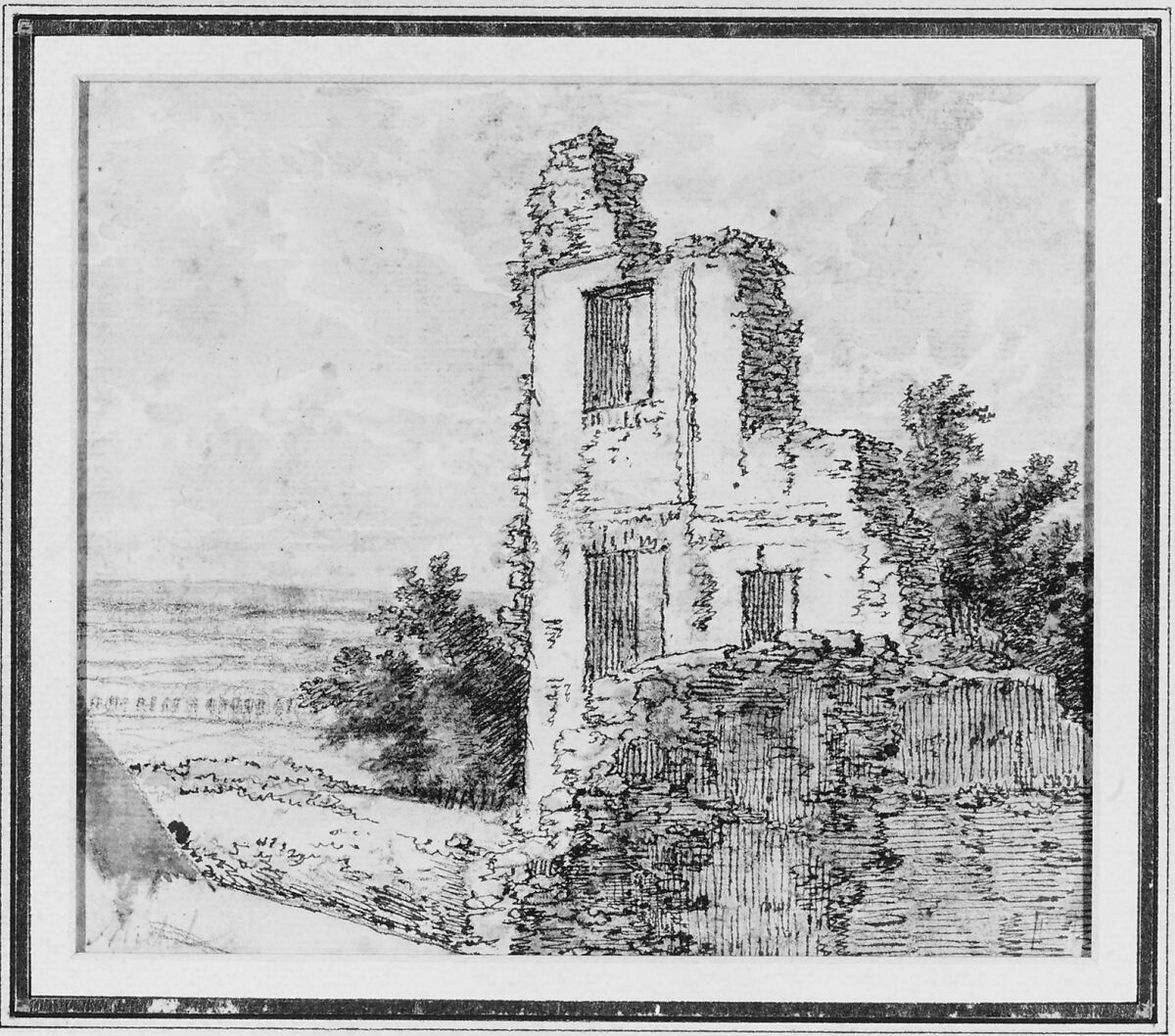 An Allée of Trees in a Park (recto); The Ruins of a Building on a Hill (verso), Georges Michel (French, Paris 1763–1843 Paris), black chalk with touches of gray wash and watercolor (recto); pen and ink over black chalk with gray wash (verso) 