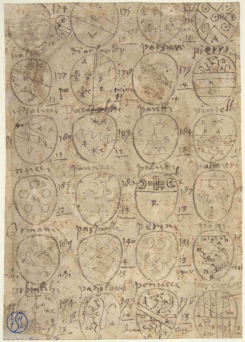 The Descent of Christ to Limbo (recto); Coats of Arms of Florentine and Sienese Families (verso), attributed to Domenico Beccafumi (Italian, Cortine in Valdibiana Montaperti 1484–1551 Siena), Pen and brown ink, brush and brown wash, over traces of leadpoint or black chalk; squared in leadpoint (recto); pen and brown ink (verso)