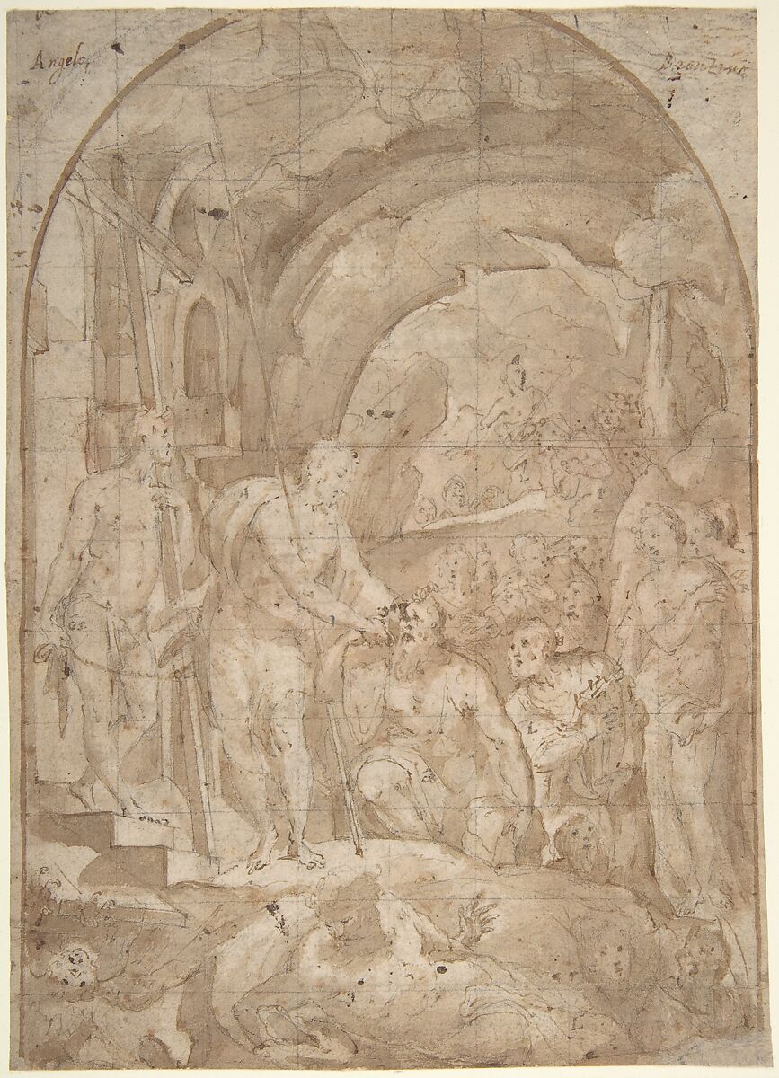 The Descent of Christ to Limbo (recto); Coats of Arms of Florentine and Sienese Families (verso), attributed to Domenico Beccafumi (Italian, Cortine in Valdibiana Montaperti 1484–1551 Siena), Pen and brown ink, brush and brown wash, over traces of leadpoint or black chalk; squared in leadpoint (recto); pen and brown ink (verso) 