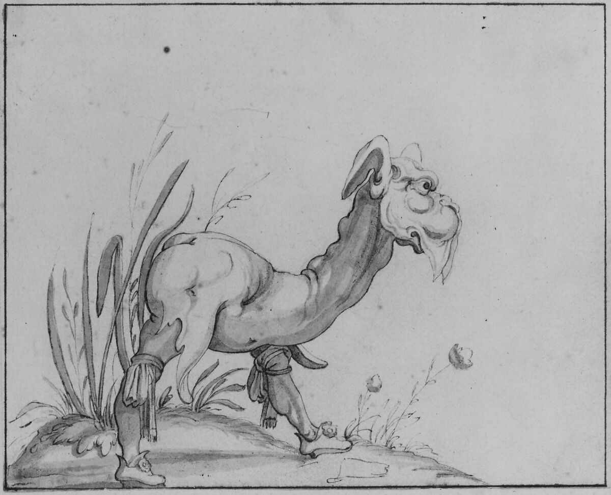 A Fantastic Creature, Arent van Bolten (Netherlandish, Zwolle 1573–before 1633 Leeuwarden), Pen and brown ink, brush and brown wash, over black chalk; framing lines in pen and brown ink