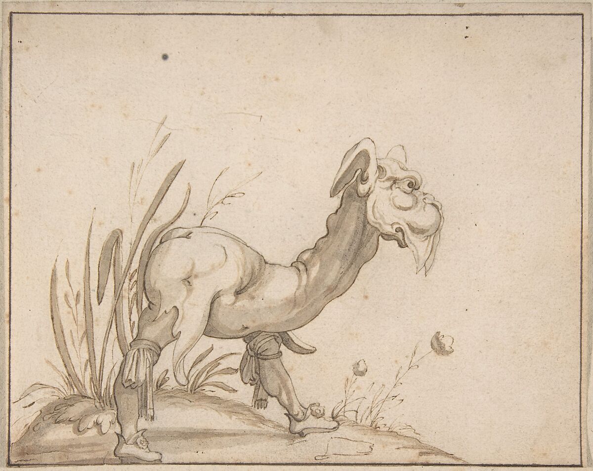 A Fantastic Creature, Arent van Bolten (Netherlandish, Zwolle 1573–before 1633 Leeuwarden), Pen and brown ink, brown wash, over black chalk. Framing lines in pen and brown ink 