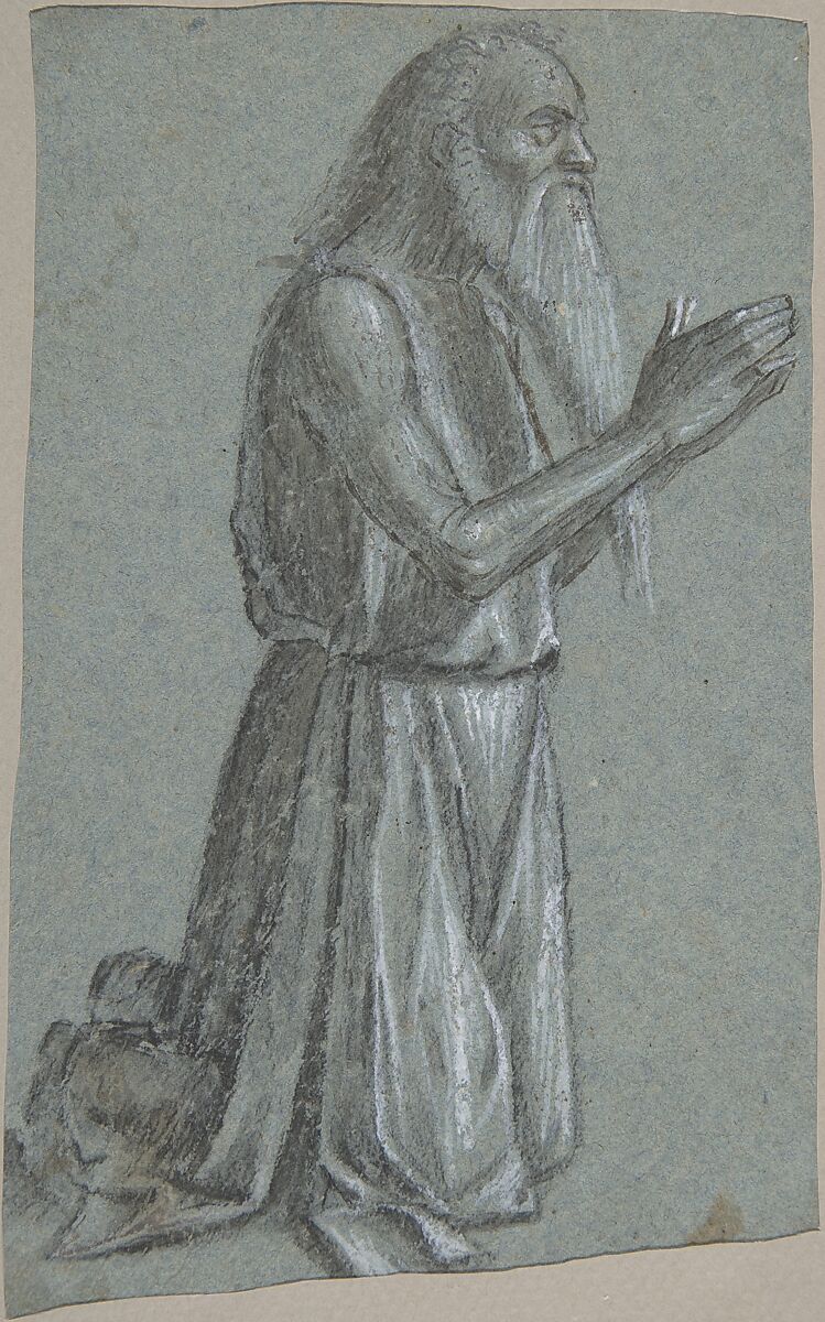 Saint Jerome (recto); Soldier with a Spear (verso), Vittore Carpaccio (Italian, Venice 1460/66?–1525/26 Venice), Brush with black ink and gray wash, over traces of black chalk or charcoal, highlighted with white gouache on blue paper (recto); black chalk, highlighted with white gouache, with some brush and gray wash (verso) 