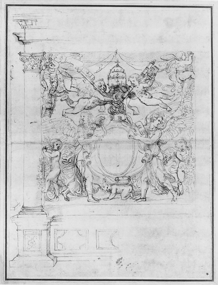 A Tabernacle Containing a Papal Escutcheon Supported by Angels, Giulio Romano (Italian, Rome 1499?–1546 Mantua), Pen and brown ink, over leadpoint or soft black chalk and stylus-ruling