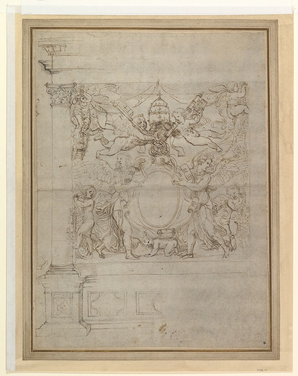A Tabernacle Containing a Papal Escutcheon Supported by Angels, Giulio Romano (Italian, Rome 1499?–1546 Mantua), Pen and brown ink, over traces of leadpoint or soft black chalk and stylus-ruling 