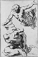 Studies for Four Figures (recto); Composition Sketches for Groupings of Figures on Clouds (verso), Jacopo Palma the Younger (Italian, Venice ca. 1548–1628 Venice), Brush with brown and white oil paint, over black chalk (recto); black chalk and charcoal (verso)