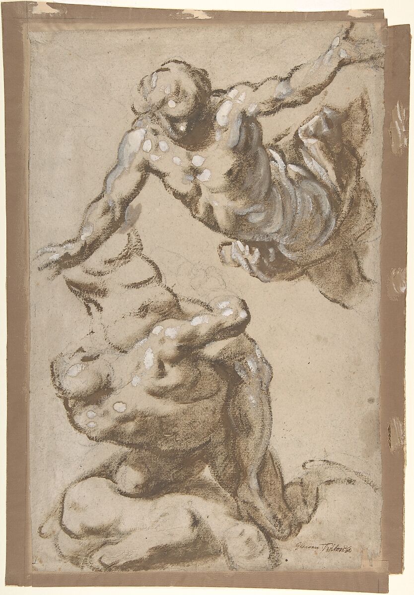 Studies for Four Figures (recto); Composition Sketches for Groupings of Figures on Clouds (verso), Jacopo Palma the Younger (Italian, Venice ca. 1548–1628 Venice), Brush with brown and white oil paint, over black chalk, on light brown paper (recto); black chalk and charcoal (verso) 