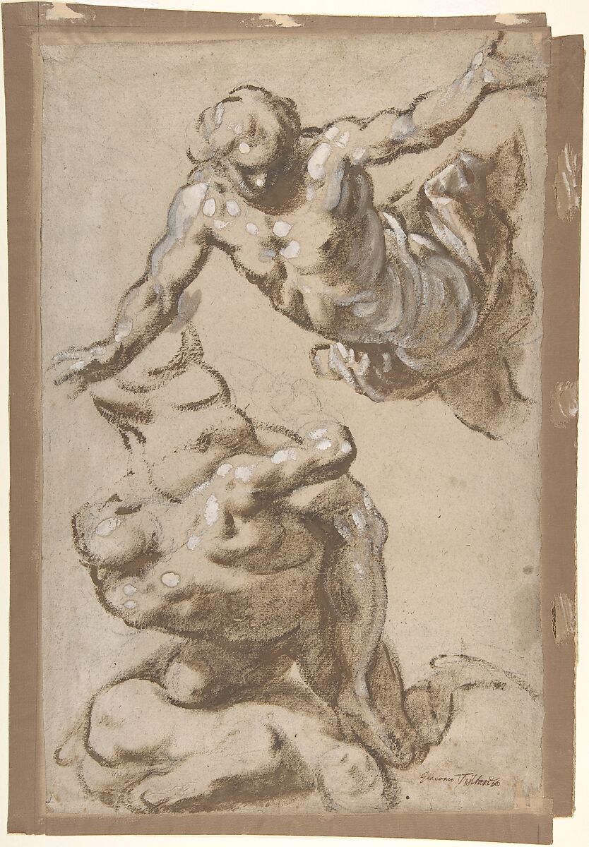 Studies for Four Figures (recto); Composition Sketches for Groupings of Figures on Clouds (verso), Jacopo Palma the Younger  Italian, Brush with brown and white oil paint, over black chalk, on light brown paper (recto); black chalk and charcoal (verso)