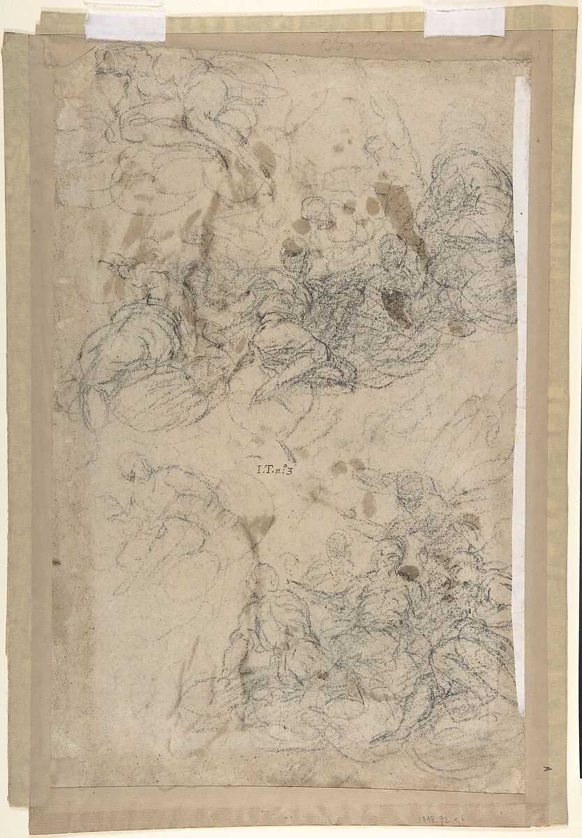 Studies for Four Figures (recto); Composition Sketches for Groupings of Figures on Clouds (verso), Jacopo Palma the Younger (Italian, Venice ca. 1548–1628 Venice), Brush with brown and white oil paint, over black chalk (recto); black chalk and charcoal (verso)