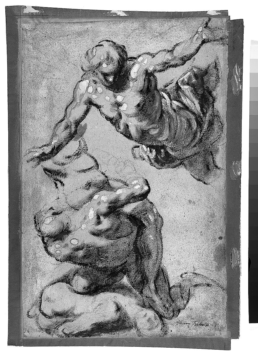 Studies for Four Figures (recto); Composition Sketches for Groupings of Figures on Clouds (verso), Jacopo Palma the Younger (Italian, Venice ca. 1548–1628 Venice), Brush with brown and white oil paint, over black chalk (recto); black chalk and charcoal (verso)