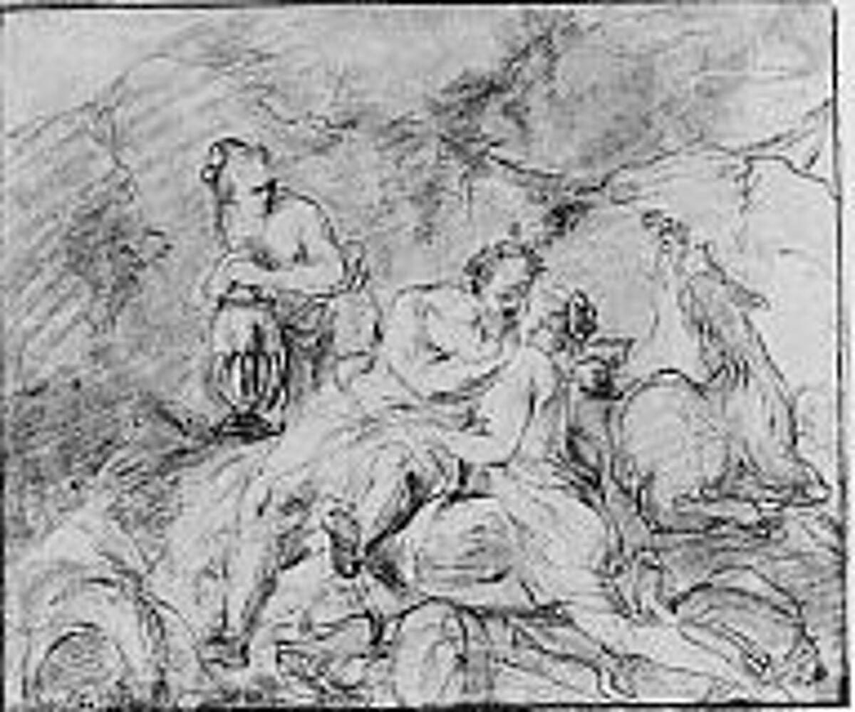Lot and His Daughters, Attributed to Nicolas Vleughels (French, Paris 1668–1737 Rome), Black chalk heightened with white; framing lines in brown ink