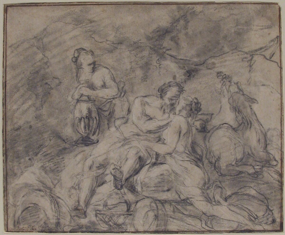 Lot and His Daughters, Attributed to Nicolas Vleughels (French, Paris 1668–1737 Rome), Black chalk heightened with white; framing lines in brown ink