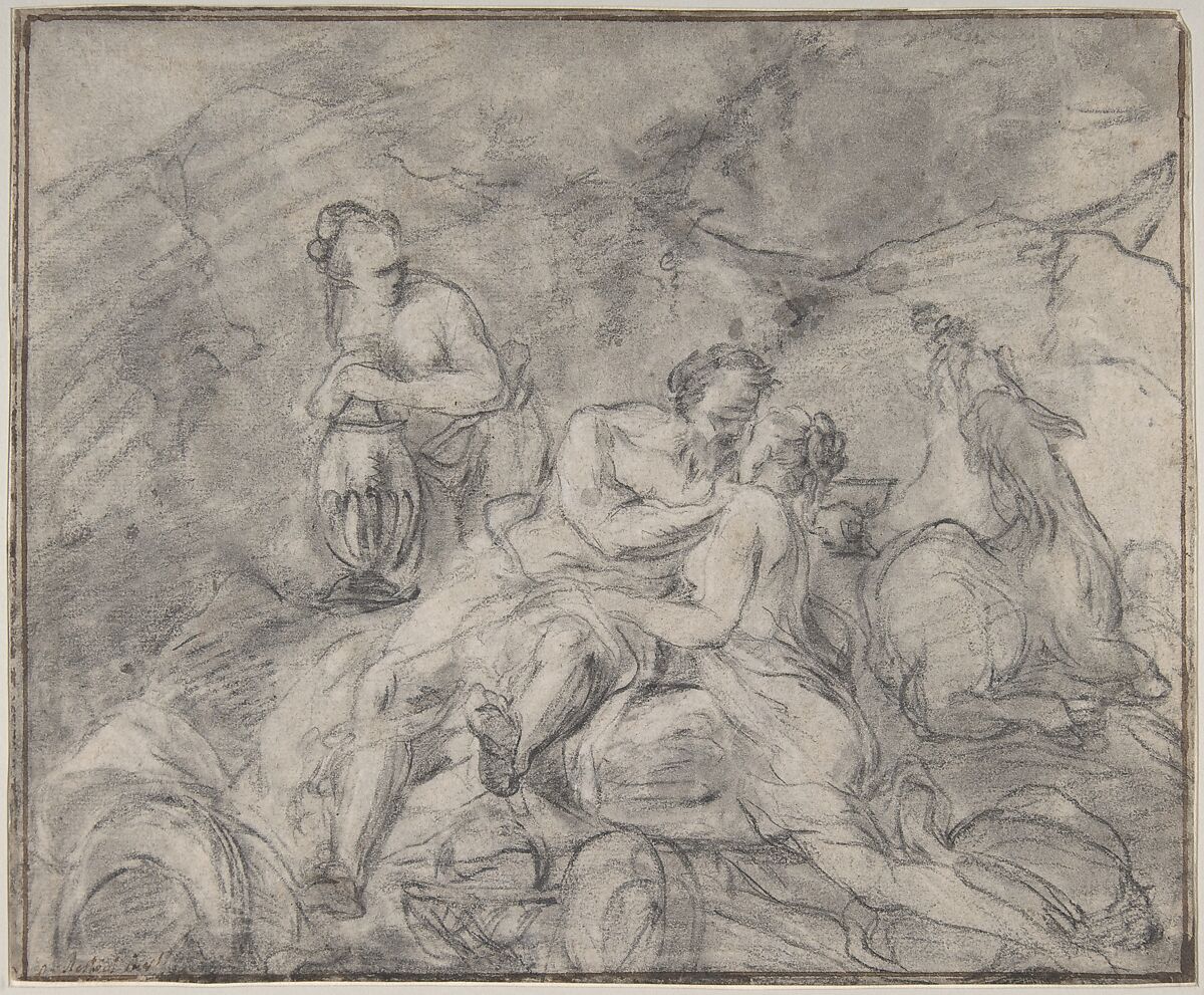 Lot and His Daughters, Attributed to Nicolas Vleughels (French, Paris 1668–1737 Rome), Black chalk heightened with white; framing lines in brown ink 