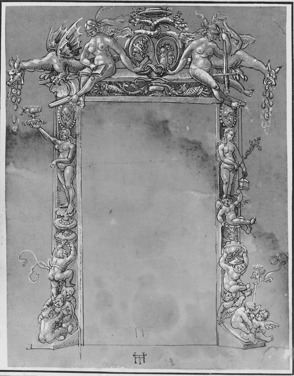 Design for a Doorway, Monogrammist HT (German, 16th century), Pen and black ink with white heightening