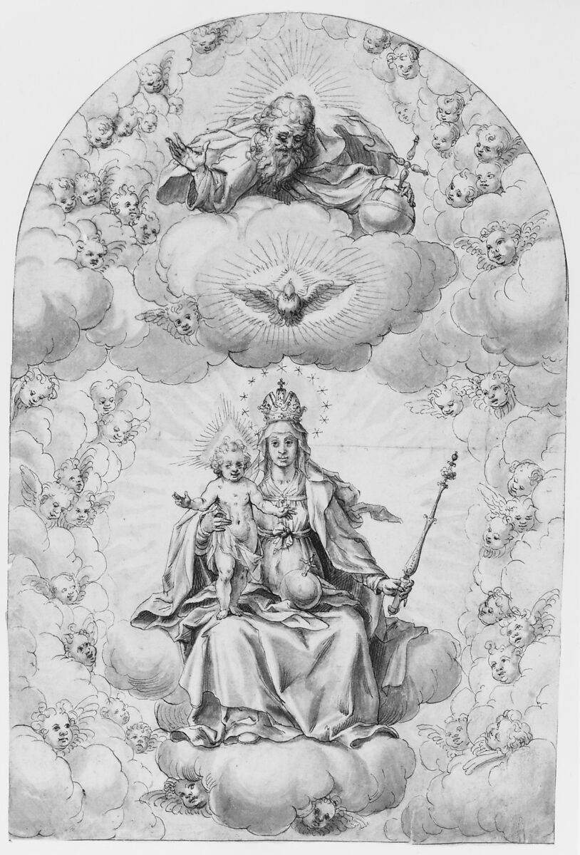 Madonna and Child Enthroned, Hans Werl (German, Munich ca. 1570–1608 Munich), Pen and black ink and brush and gray wash over black chalk