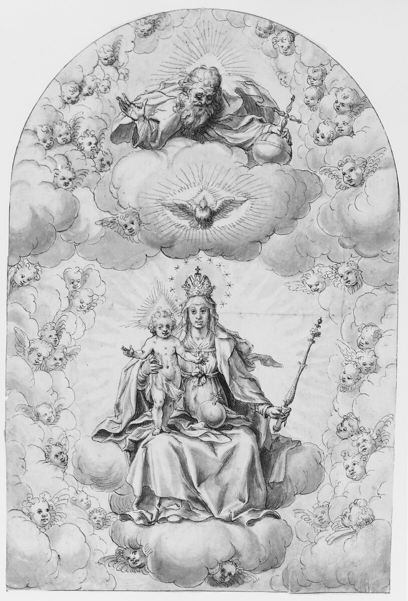 Madonna and Child Enthroned, Hans Werl (German, Munich ca. 1570–1608 Munich), Pen and black ink and brush and gray wash over black chalk