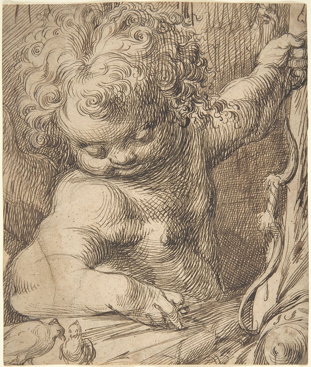 Cupid with Two Doves, Toussaint Dubreuil (French, Paris ca. 1561–1602 Paris), Pen and brown ink, over black chalk underdrawing 