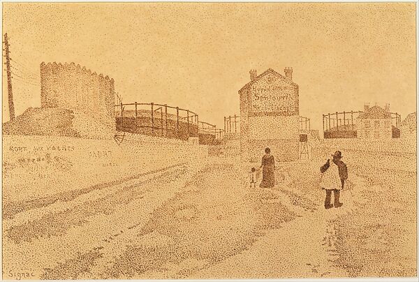 The Gas Tanks at Clichy, Paul Signac (French, Paris 1863–1935 Paris), Pen and iron gall ink over graphite on Japan paper on cardboard