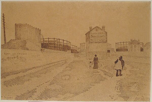 The Gas Tanks at Clichy, Paul Signac (French, Paris 1863–1935 Paris), Pen and iron gall ink over graphite on Japan paper on cardboard