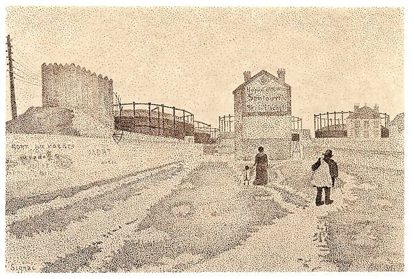 The Gas Tanks at Clichy, Paul Signac (French, Paris 1863–1935 Paris), Pen and iron gall ink over graphite on Japan paper on cardboard